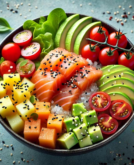Poke bowl saumon melon avocat