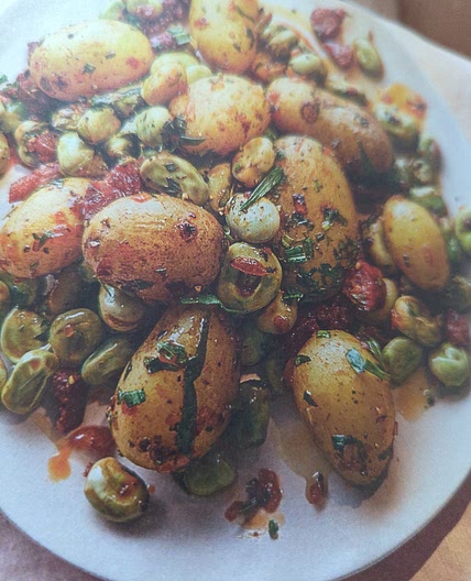 New Potatoes and Chorizo and Broad Beans