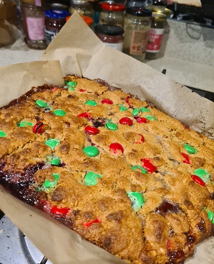 Pump Up the Jam (Peanut Butter and Jam M&M Blondies)