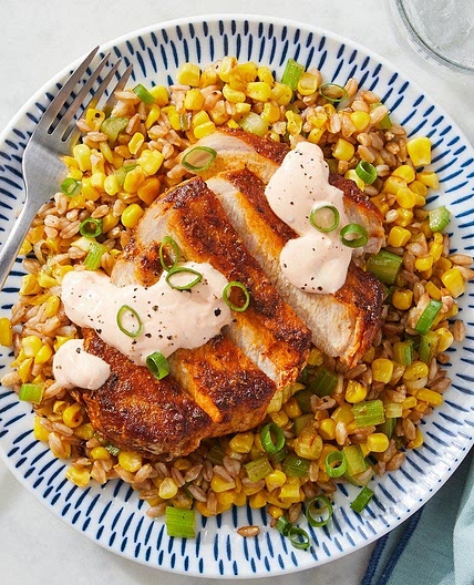 Cajun-Style Pork & Farro Salad with Spicy Sour Cream