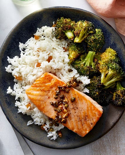 Salmon Piccata with Garlic Rice & Roasted Broccoli