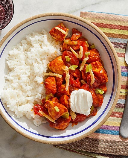 Guajillo Chicken & Rice Bowls with Tomatoes, Crispy Onions & Sour Cream