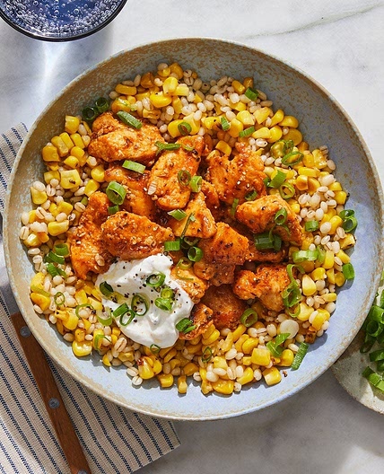 Cajun Chicken, Corn & Barley Bowl with Scallions & Sour Cream