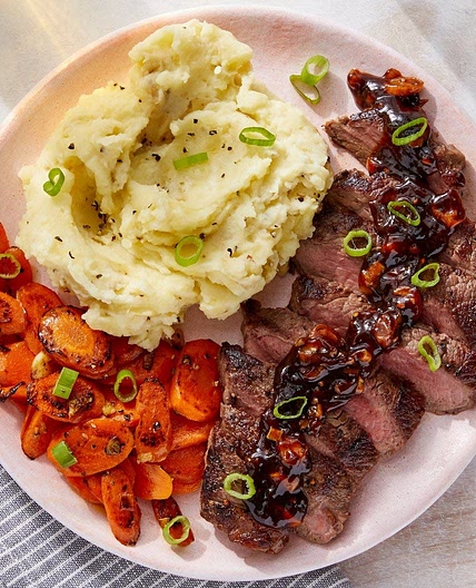 Seared Steaks & Mashed Potatoes with Sautéed Carrots & Steak Sauce