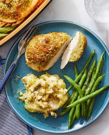 Baked Cheesy Pesto Chicken with Mashed Potatoes & Garlic-Herb Green Beans
