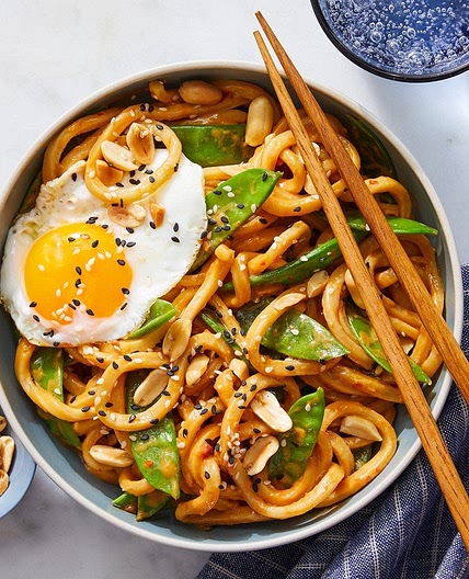 Sesame-Sambal Udon with Snow Peas & Fried Eggs
