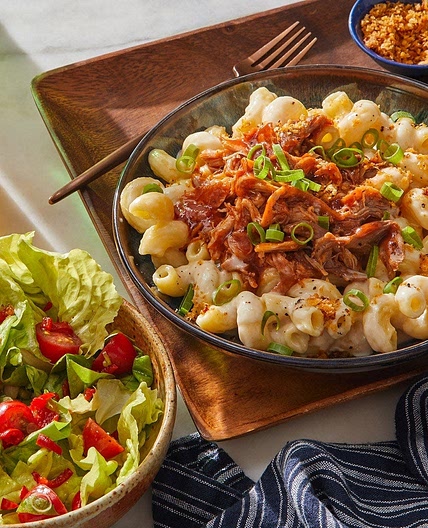 BBQ Pulled Pork Mac & Cheese with Smoky Breadcrumbs & Butter Lettuce Salad