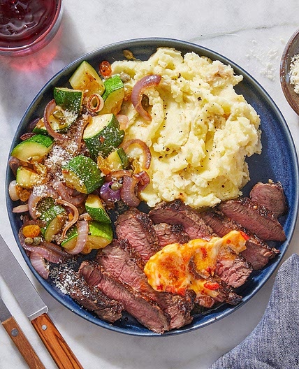 Calabrian Chile Butter Steaks with Mashed Potatoes & Sautéed Zucchini