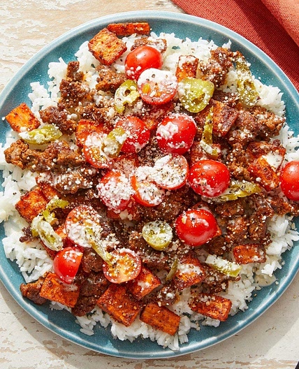 Mexican-Style Beef & Rice Bowls with Fresh Tomato Salsa & Lemon Mayo