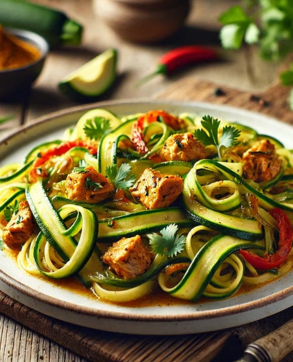 Tagliatelles de courgette et poulet mariné au curry