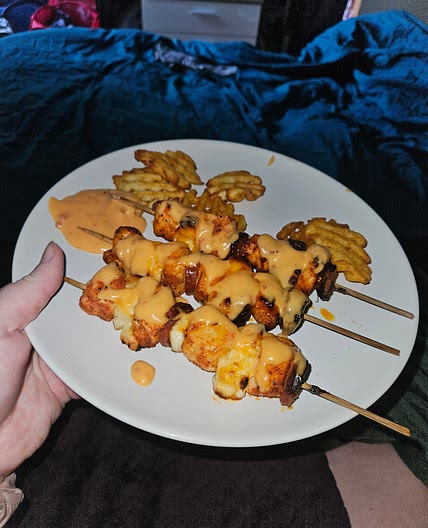 Bang bang chicken and halloumi skewers