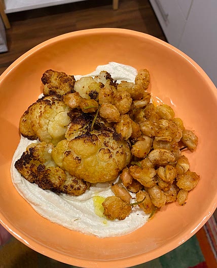 Braised Cauliflower, Baked Butter Beans, Lemon Sage Cashew Cream