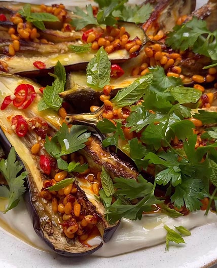 Roasted aubergine with chilli tahini yoghurt