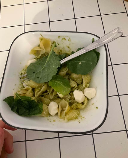 Healthy and nutritious kale and basil pesto pasta salad