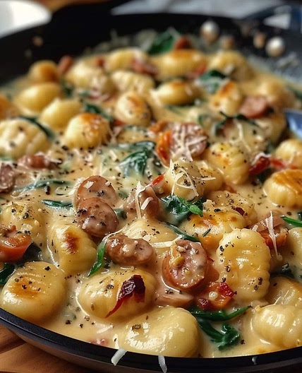 One Skillet Creamy Gnocchi with Sausage and Spinach