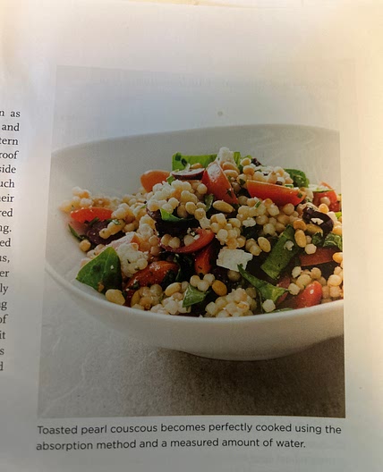 ATK Mediterranean- pg 165 Pearl Couscous with tomatoes, olives..