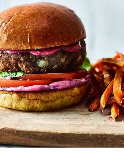 Turkey, sage and onion burger 
with sweet potato fries