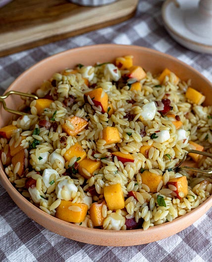 PEACH PROSCIUTTO HOT HONEY ORZO SALAD