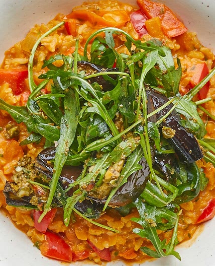 Creamy Pomodoro Risotto with Pesto Aubergine