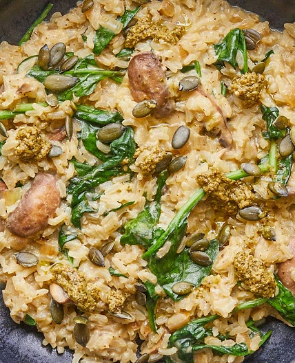 Easy Mushroom & Spinach Risotto with Basil Pesto