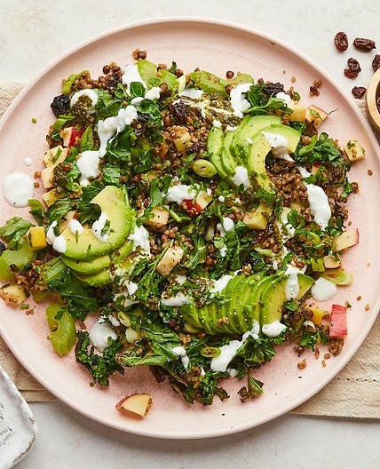 Quinoa, Lentil & Kale Salad with Zhoug Dressing