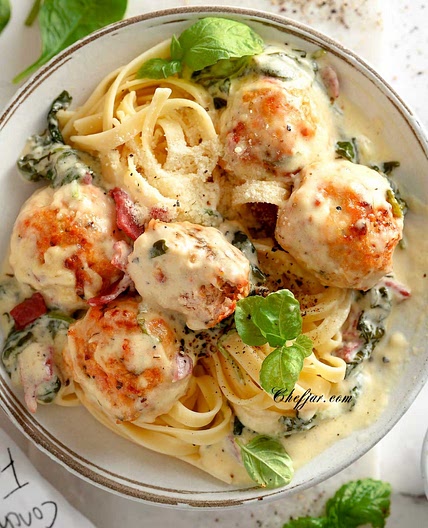 Chicken Ricotta Meatballs with Spinach Alfredo Sauce