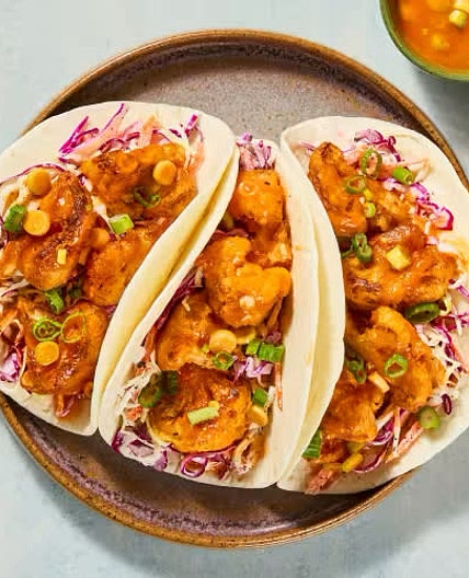 Air Fryer Buffalo Cauliflower Tacos with Tangy-Sweet Slaw