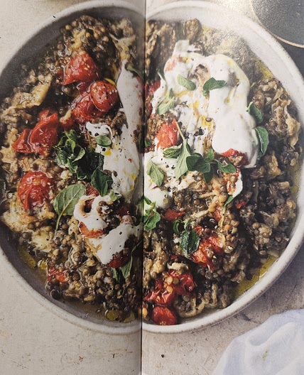 Puy lentils with eggplant, tomatoes and yoghurt - page 166