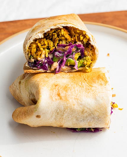 Curry Shredded Tofu Burrito with cabbage slaw (vegan)