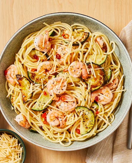 Shrimp Spaghetti with a Kick with Garlic Herb Butter & Zucchini