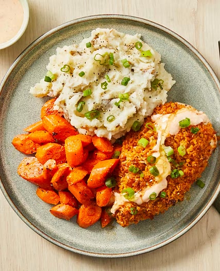 Crispy Kickin’ Cayenne Chicken Cutlets with Mashed Potatoes, Carrots & a Honey Drizzle