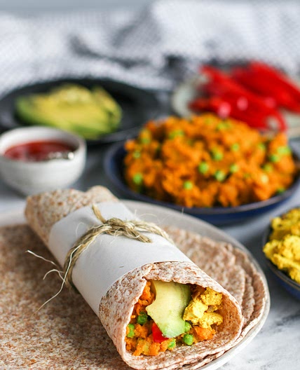 Samosa Sweet Potatoes Breakfast Wraps with Tofu Scramble