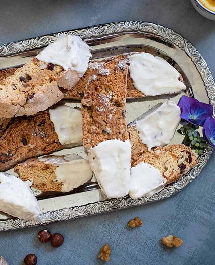 Cranberry Apricot Biscotti Dipped in White Chocolate