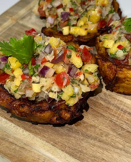 Plantain Tostones with Salt Fish, Mango and pineapple Salsa