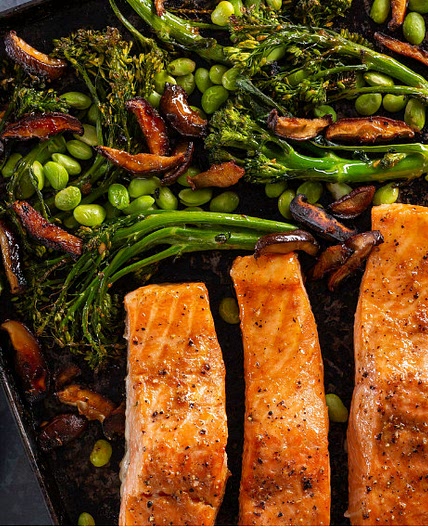 Roasted Salmon with Ginger-Soy Broccolini, Mushrooms, and Edamame - Ellie Krieger