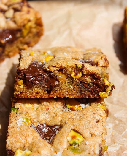 Salted Pistachio Dark Chocolate Cookie Bars