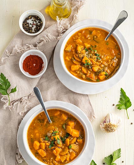 Carrot and Lentil Soup with Sweet Potatoes