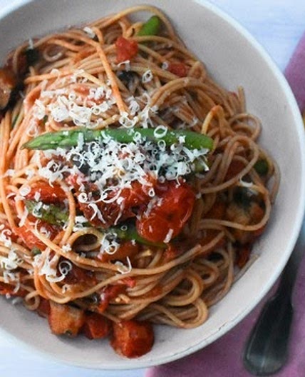 Grilled Aubergine, Asparagus & Chilli Spaghetti