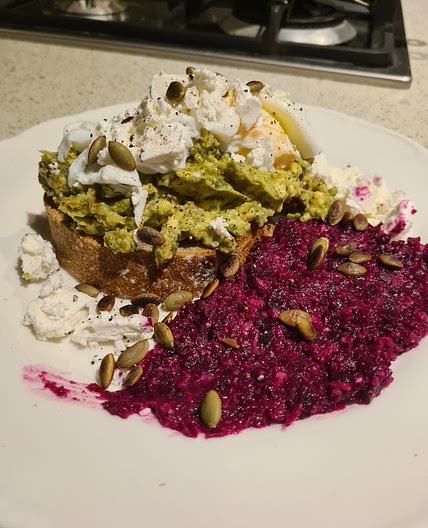 Smashed Avocado with Poached Eggs and Beetroot Hummus