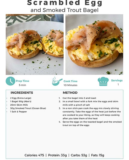 Scrambled egg bagel 372cal high fibre and protein *