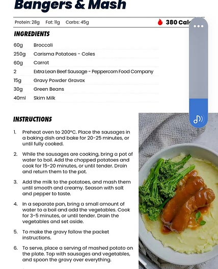 Bangers and mash 460cal high fibre *