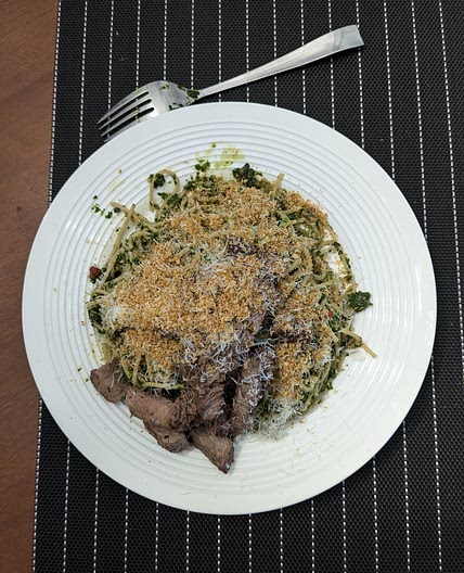Grilled Steak with Kale Pesto Pasta and Mushrooms