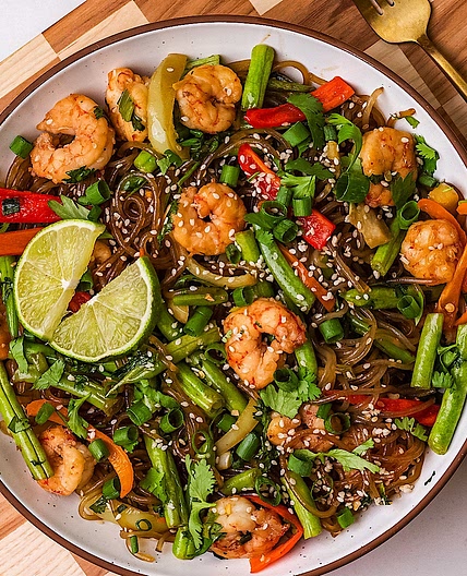 Sesame Scallion Noodles with Shrimp and Veggies