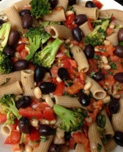 Warm pasta, broccoli & bean salad with lemon, garlic and basil