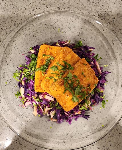 Cayenne Crusted Tofu with Sautéed Purple Cabbage