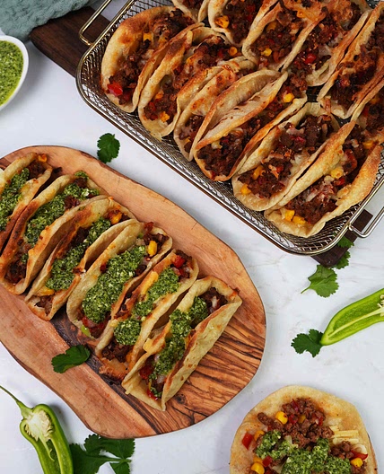 Air-Fried Beef Tacos with Green Sauce