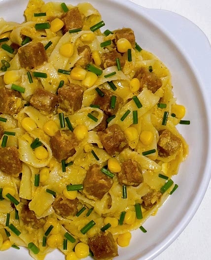 Fettuccine with Corn, Chives, Parmesan and Luncheon Meat