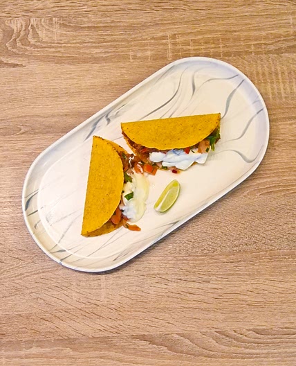 Tacos croquants au bœuf haché et fèves au lard
