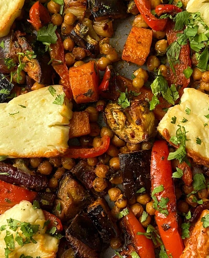 'Grab and Cook' Middle Eastern Chickpea and Halloumi Traybake