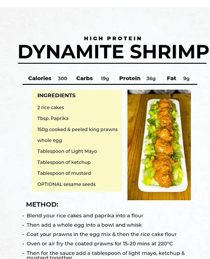 Dynamite shrimp 36 protein 9fat 19 carb 300 cal *